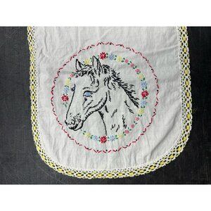 Vintage Hand Embroidered Horse Dresser Scarf Table Runner Equestrian 13” x 36”